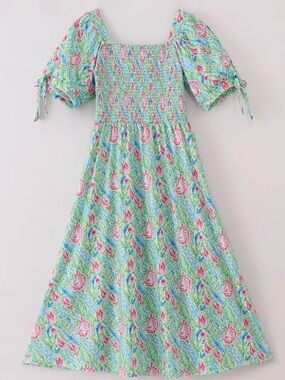 Smocked Puff Sleeve Floral Dress - Blue & Pink Green Smock Mom Maxi Sizes S & XL